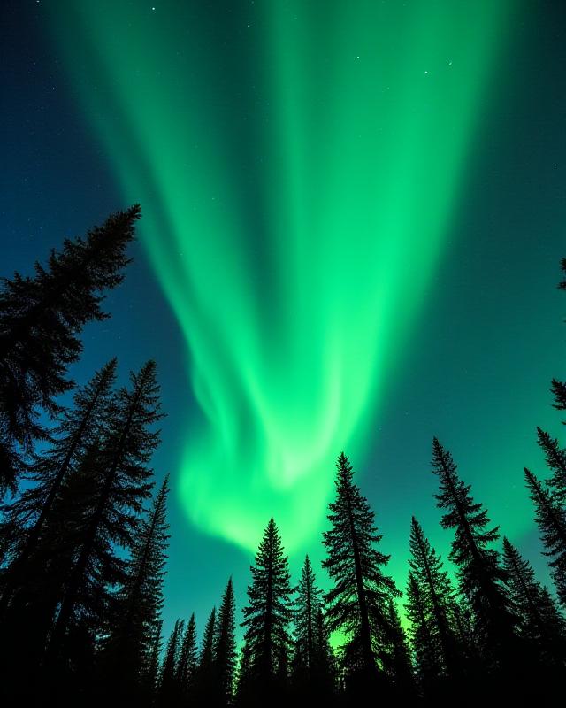 Ярко-зеленое сияние над заснеженным лесом