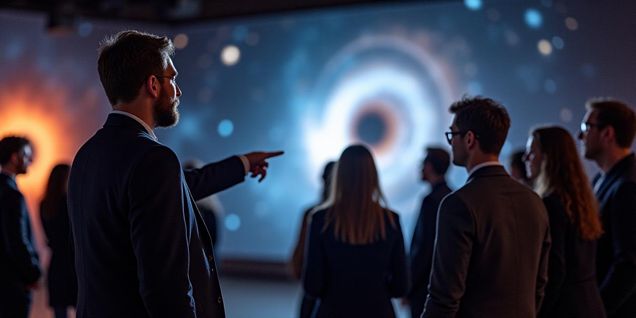 Группа экспертной экскурсии у модели черной дыры